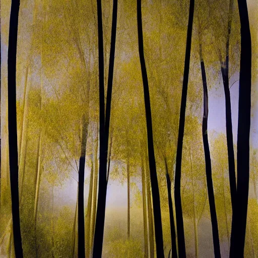 Prompt: double exposure photograph of three eucalyptus trees, flash exposure, autumn, in the style of edward steichen and matisse,