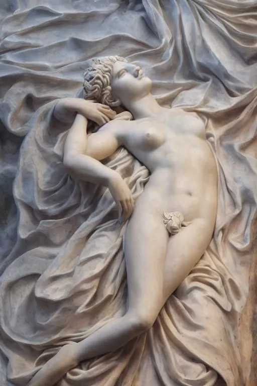 Prompt: A beautiful oil painting of a Ancient Greek Marble Sculpture of a Greek Goddess lying on a silk cloth, fog, volumetric lighting, summer, hyperrealistic, hyperdetailed.