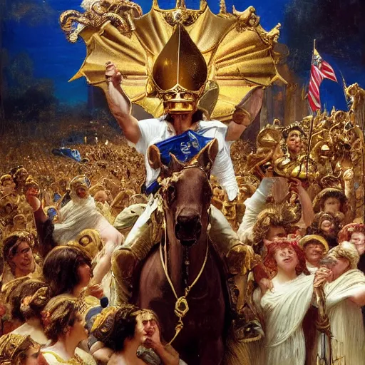 Image similar to tom cruise wearing a golden crown after overcoming his fear or death, standing above a cheering crowd, highly detailed painting by gaston bussiere and j. c. leyendecker 8 k