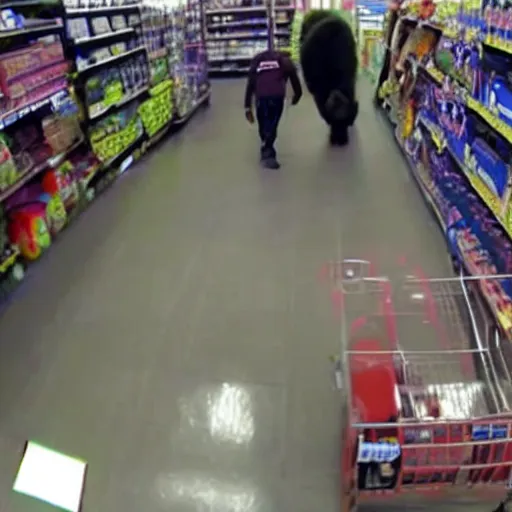 Image similar to cctv footage of gorilla in walmart, high angle security camera feed,