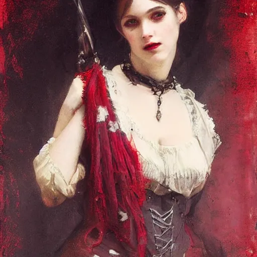 Image similar to Solomon Joseph Solomon and Richard Schmid and Jeremy Lipking victorian genre painting portrait painting of a happy young beautiful woman punk rock goth girl german french actress model pirate wench in fantasy costume, red background