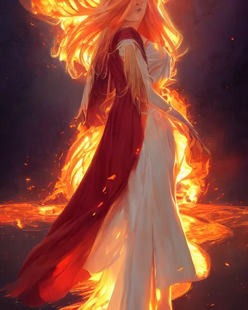 Image similar to beautiful long haired anime girl, fire dress, full body photo, flames everywhere, highly detailed, digital painting, artstation, concept art, smooth, sharp focus, illustration, art by artgerm and greg rutkowski and alphonse mucha