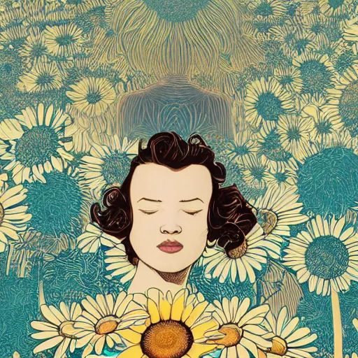 Image similar to closeup, huge daisy flower as a head, woman standing in modern apartment, surreal, dramatic light, by victo ngai by james jean, by rossdraws, frank franzzeta, mcbess