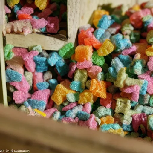 Image similar to sour patch kids at war inside abandoned dollhouse