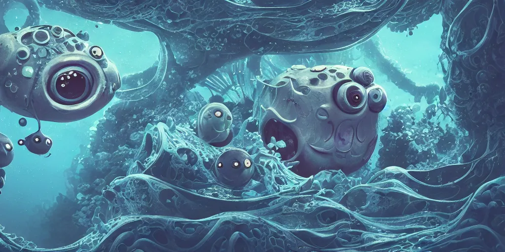 Image similar to of an intricate deep sea with strange cute friendly happy creatures with huge eyes, long tongue, round teeth and goofy funny face, appearing from the background, in the style of gehry and gaudi, macro lens, shallow depth of field, ultra detailed, digital painting, trending artstation, concept art, illustration, cinematic lighting, photorealism, epic, octane render