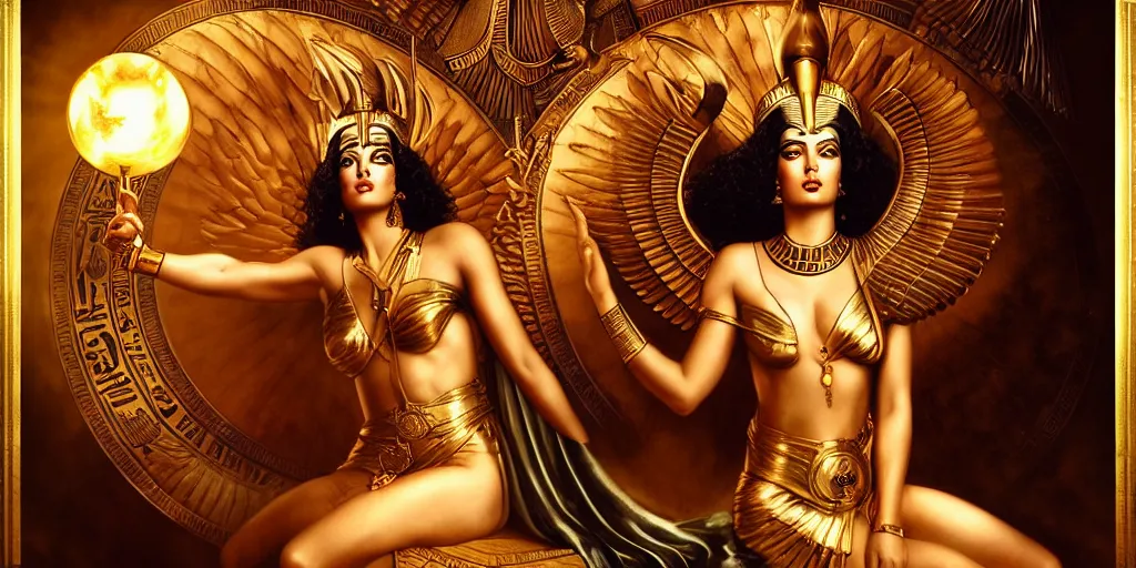 Prompt: Egyptian goddess Isis, by Rolf Armstrong and Evelyn De Morgan and Bastien Lecouffe-Deharme, dramatic lighting, high contrast colors, baroque, empyrean, panoramic view, as trending on Artstation, highly detailed, doom engine,