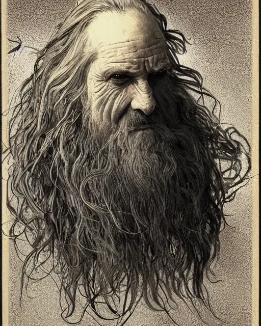 Image similar to portrait of a 6 0 - year - old giant man with long tangles of bushy black hair and beard hiding most of his face, kind eyes, wearing in black cloak, hyper realistic face, beautiful eyes, fantasy art, in the style of greg rutkowski, intricate, alphonse mucha, hyper detailed, smooth