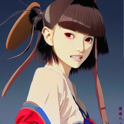 Image similar to a beautiful japanese natalie portman gravure model, wearing oversized native designer bomber jacket and leotard with overalls, bulky poofy bomber jacket with mesoamerican patterns, mesoamerican native street fashion, gapmoe yandere grimdark, trending on pixiv fanbox, painted by greg rutkowski makoto shinkai takashi takeuchi studio ghibli, akihiko yoshida