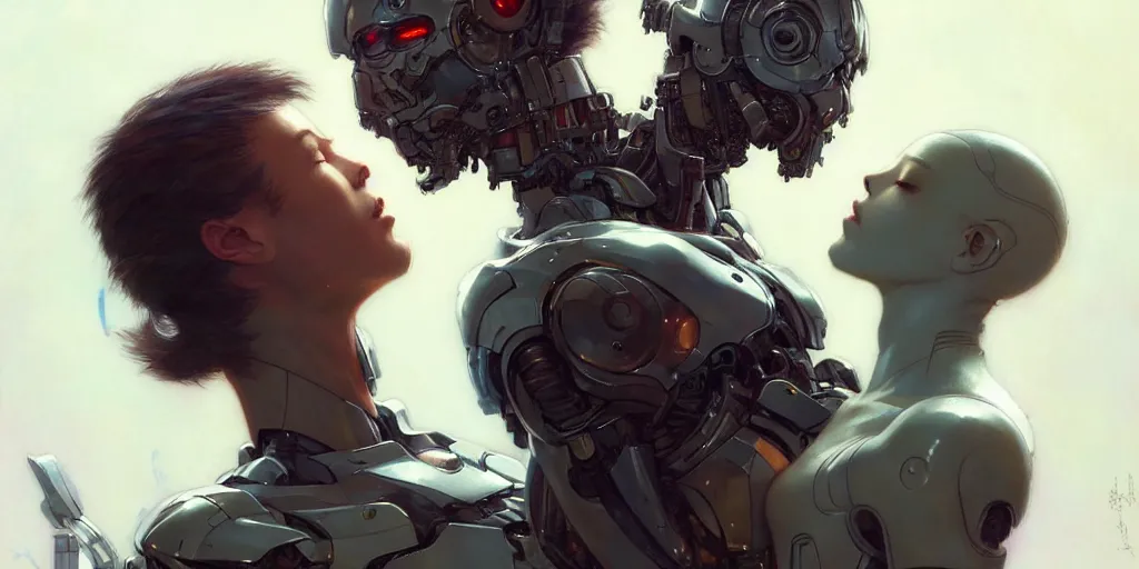 Image similar to male cyborg kissing female android by gaston bussiere, anna nikonova aka newmilky, greg rutkowski, yoji shinkawa, yoshitaka amano, tsutomu nihei, muira, moebius, donato giancola, trending on artstation, featured on pixiv h - 1 0 2 4