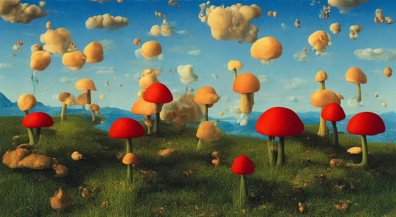 Image similar to a single toadstool fungus floating in the clear sky, a high contrast!! ultradetailed photorealistic painting by jan van eyck, audubon, rene magritte, agnes pelton, max ernst, walton ford, hard lighting, masterpiece