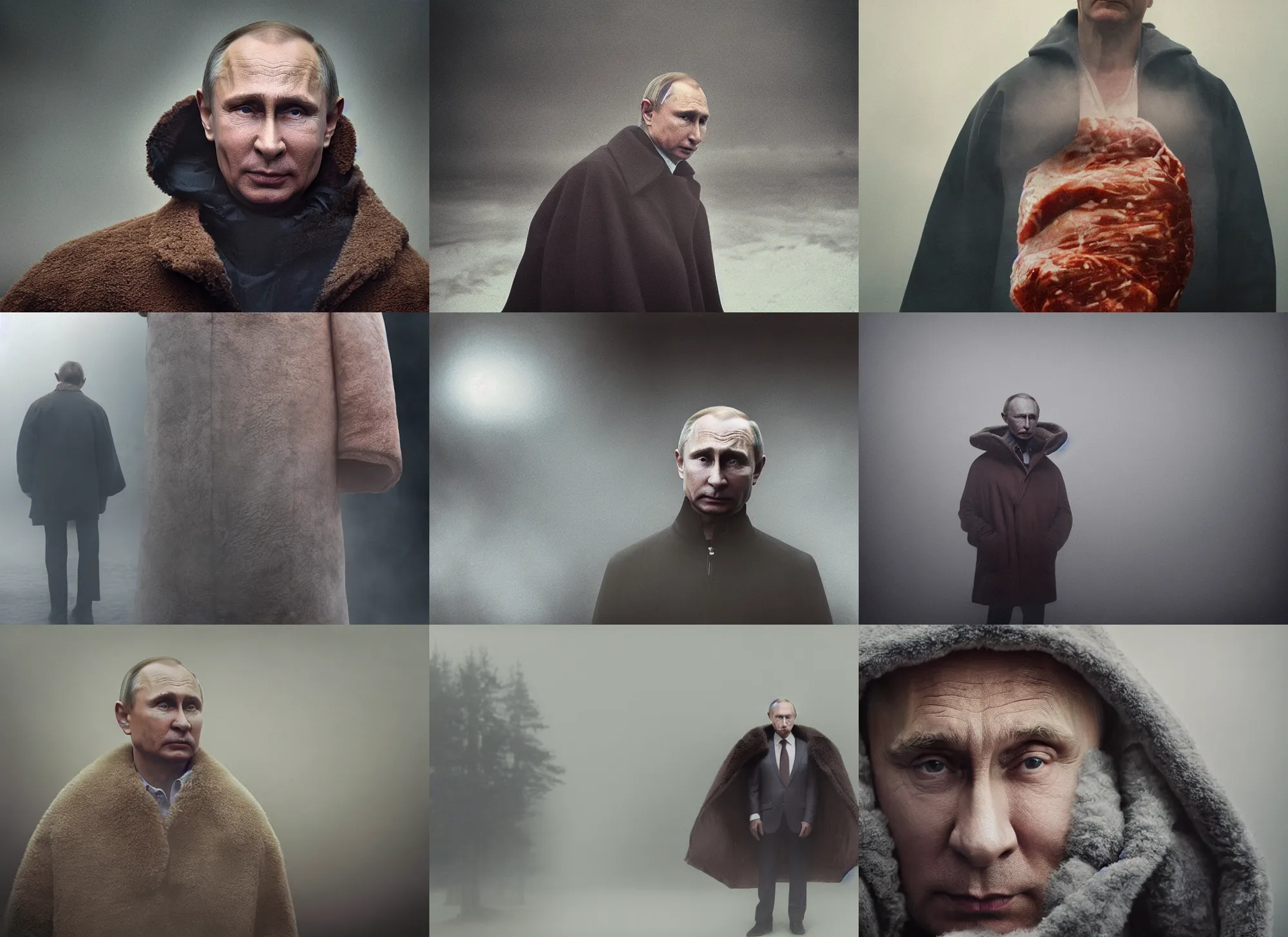 Prompt: close up medium shot of vladimir putin wearing giant oversized meat jacket, cinematic focus, polaroid photo, vintage, neutral dull colors, soft lights, foggy mist, by oleg oprisco, by thomas peschak, by discovery channel, by victor enrich, by gregory crewdson