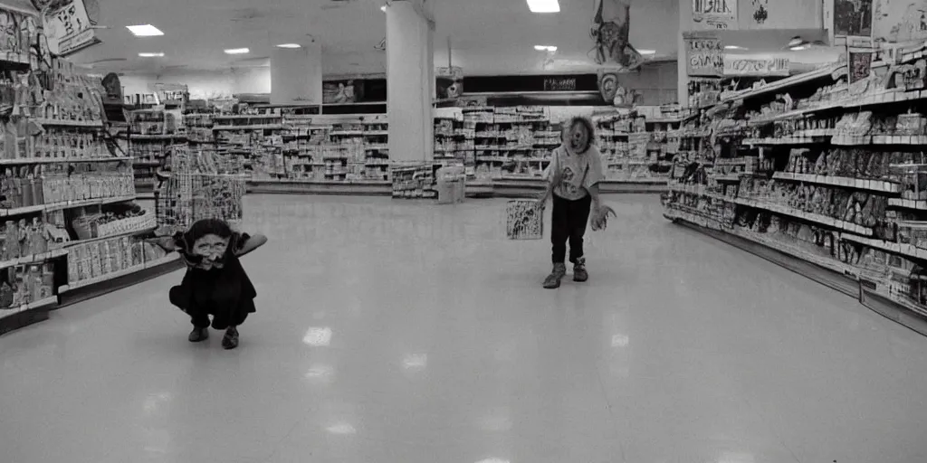 Prompt: elderly goblin women in abandoned grocery store aisle rushes towards you after you tell her no worries, 50mm film, flash photography, blurry, shaky