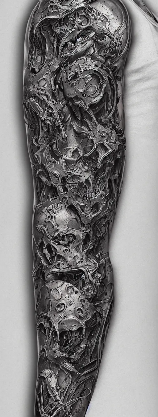 Image similar to highly detailed doom tattoo sleeve concept art drawing, side view, sf biomechanical designs, intricate and stylized infernal designs by zdizslaw beksinski, kilian eng, alphonse mucha