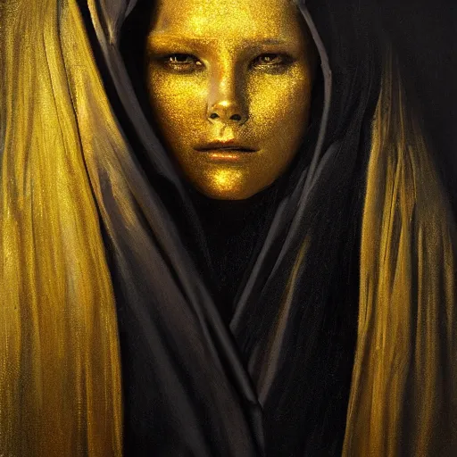 Image similar to a portrait of a young woman wearing a long dark cloak, hood and shadows covering face, holding golden chains, oil painting, matte painting, black background, Volumetric Golden dappled dynamic lighting, Highly Detailed, Cinematic Lighting, Unreal Engine, 8k, HD, by Beksinski