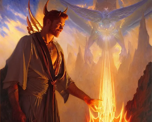 Image similar to attractive male deity, casting demonic magic, summoning handsome lucifer morning star. highly detailed painting by gaston bussiere, craig mullins, j. c. leyendecker 8 k