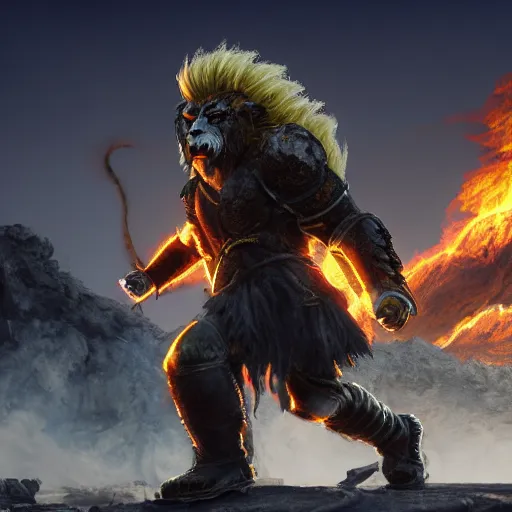 Prompt: Lionman with white hair and glowing yellow eyes wearing leather armor, walking towards the camera, burning city in background, charred landscape, Ray Tracing Global Illumination, wielding a longsword, detailed fantasy art, Dim Lighting