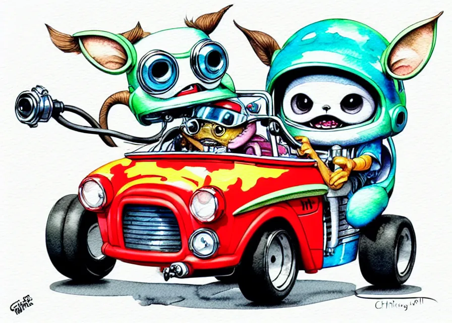 Image similar to cute and funny, gizmo wearing a helmet riding in a hot rod with oversized engine, ratfink style by ed roth, centered award winning watercolor pen illustration, isometric illustration by chihiro iwasaki, edited by range murata, tiny details by artgerm and watercolor girl, symmetrically isometrically centered