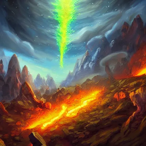 Prompt: giant fiery rocky asteroid rain, meteor shower, hearthstone art style, epic fantasy style art, fantasy epic digital art, epic fantasy card game art