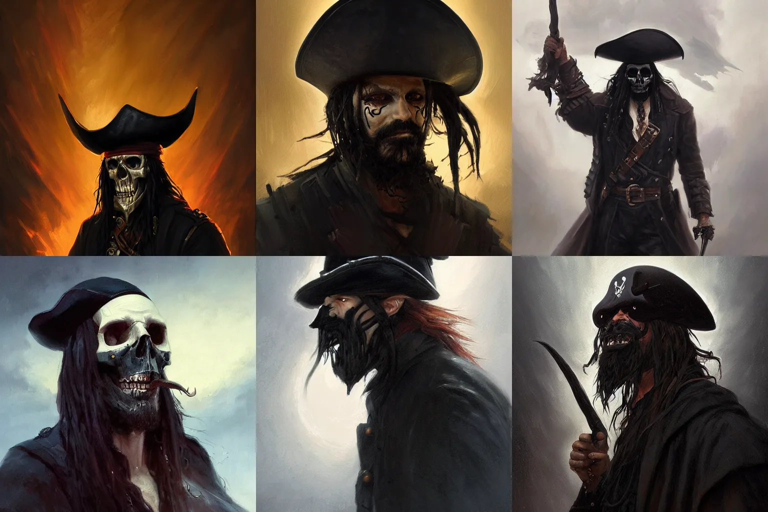 Prompt: masterpiece portrait painting of a pirate lord with long black beard long black hair wearing a skull mask with a black coat and black hat, menacing, dramatic lighting, featured in artstation, concept art by Greg Rutkowski, WLOP, Dan Mumford, Christophe Vacher