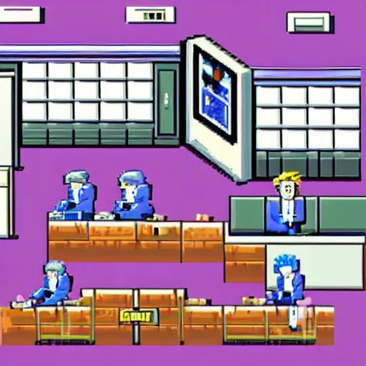 Prompt: pixel art of wallstreet office with brokers running between the bloomberg terminals, visual novel cg, 8 0 s anime vibe, vaporwave nostalgia, tsukihime, muv - luv, baldr sky, kimagure orange road, maison ikkoku, city hunter, great teacher onizuka