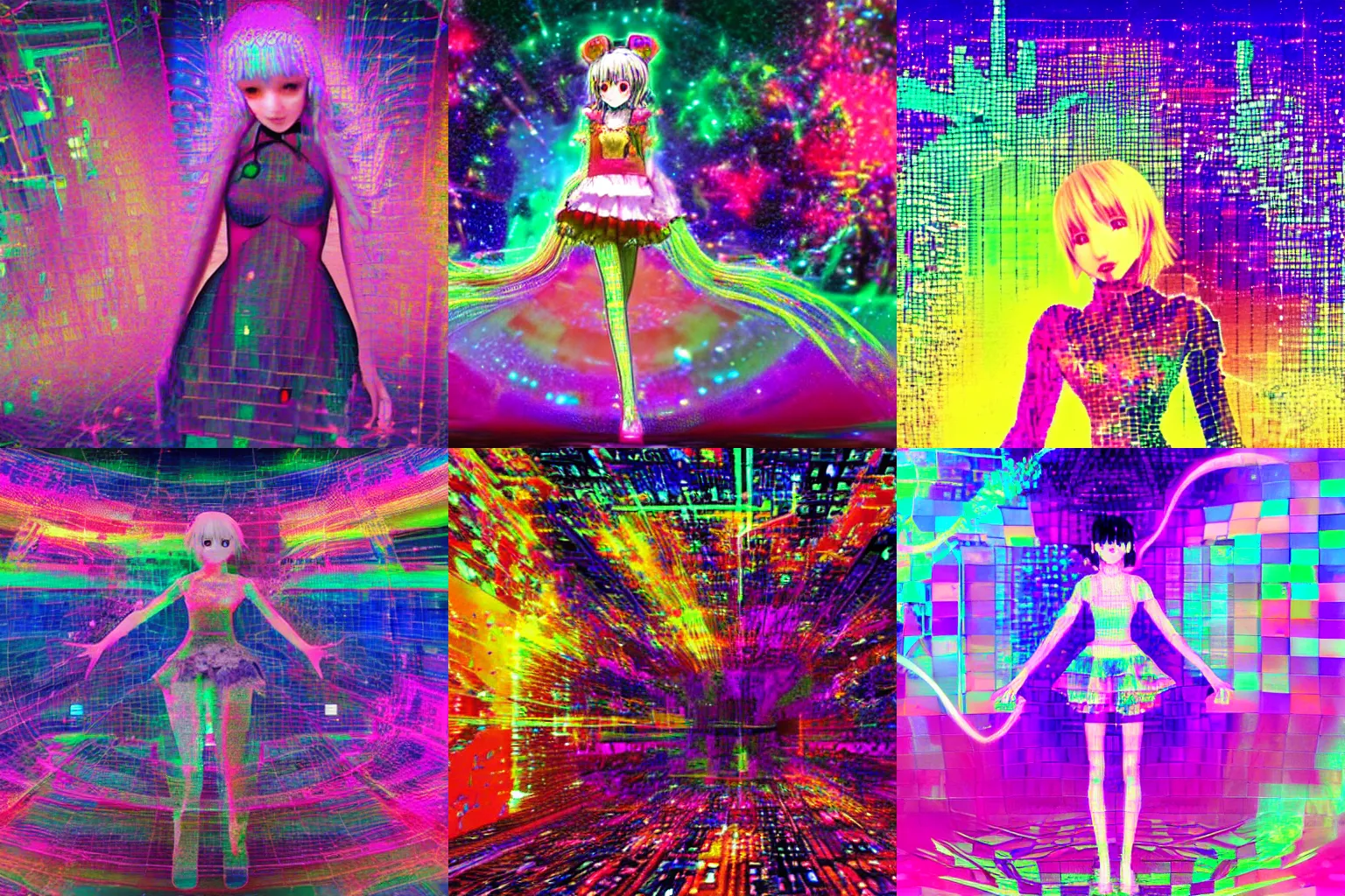 Prompt: the holographic external embodiment of a mixed media hellscape as portrayed in Madoka Magica except the entire thing was THROWN IN A BLENDER PIXELSORTING HYPERGLITCH POPSCAPE