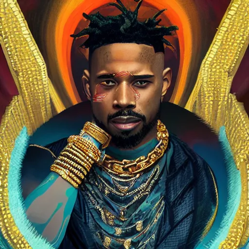 Image similar to a matte painting of killmonger, dripped out, diamonds, diamond chain, gold rings, gold watch, stylish, diamond grill by sachin teng