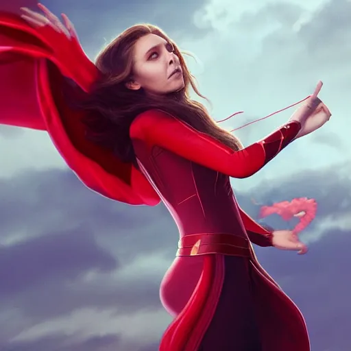 KREA - elizabeth olsen as the scarlet witch afloat in the air with red  eyes, red magic surrounds her, trending on artstation, 8 k quality,  cgsociety contest winner, artstation hd, artstation hq