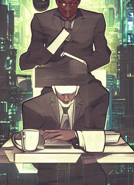 Prompt: manga cover, bald african-american man sitting at his desk, business suit, intricate cyberpunk city, emotional lighting, character illustration by tatsuki fujimoto