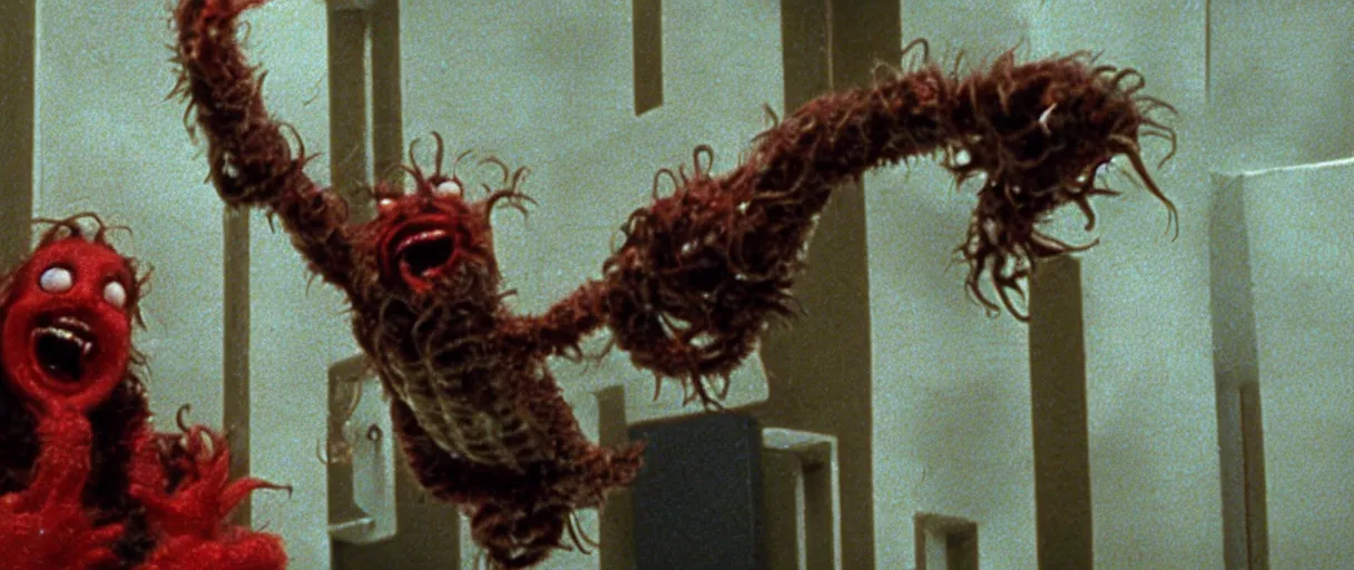 Image similar to filmic extreme close up exterior shot movie still 4 k uhd 3 5 mm film color photograph of a family jumping off a building laughing with tentacle arms happy, only color results, in the style of the horror film the thing 1 9 8 2