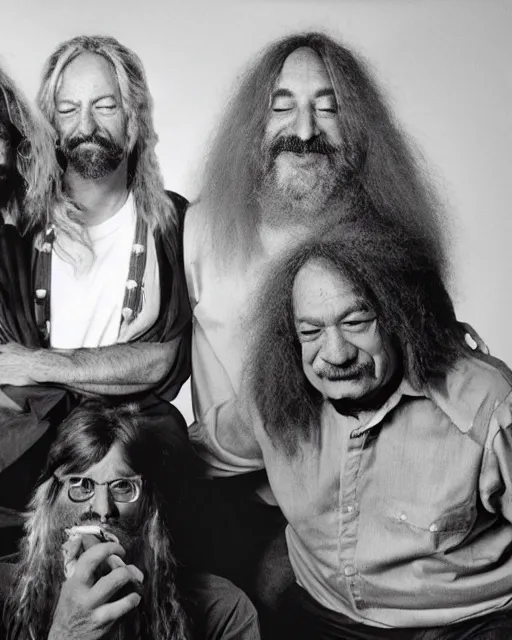 Prompt: donald trump with long hippie hair, smoking cannabis, photographed with cheech and chong in the style of annie leibovitz, studio lighting