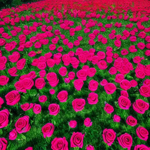 Prompt: photo of a beautiful field of roses with a dark tower in the center. night. photorealism. 4 k. national geographic. high detail