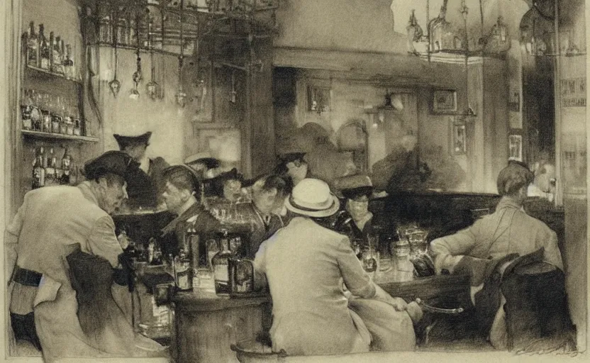 Image similar to masterful etching by anders zorn seedy bar filled with smoke