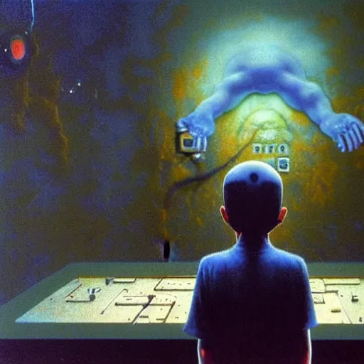 Image similar to 8k professional photo of an 8 years old enlightened and scared boy standing in front of an old computer from 90s with a game doom2 at the monitor screen in a vr vaporvawe space, Beksinski impasto painting, part by Adrian Ghenie and Gerhard Richter. art by Takato Yamamoto, masterpiece. still from a movie by Gaspar Noe and James Cameron