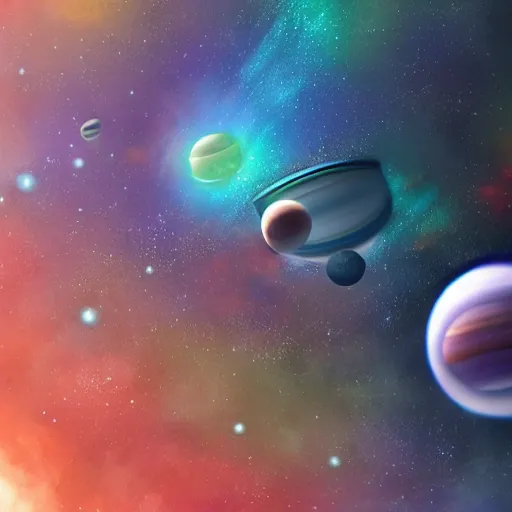 Prompt: cute happy fluffy aliens with gradient fur on space background with ringed planets detailed painting 4k