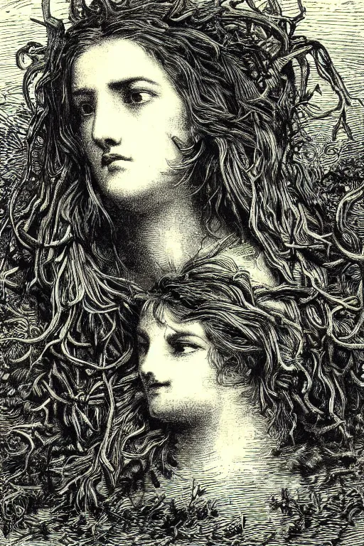 Prompt: extreme close-up covered by hair face of a woman forest background, Gustave Dore lithography