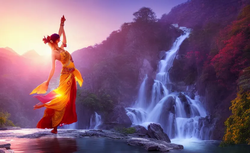 Image similar to Himalayan priestess dancing on water, beautiful flowing fabric, waterfalls, sunset, dramatic angle, 8k hdr pixiv dslr photo by Makoto Shinkai rossdraws and Wojtek Fus