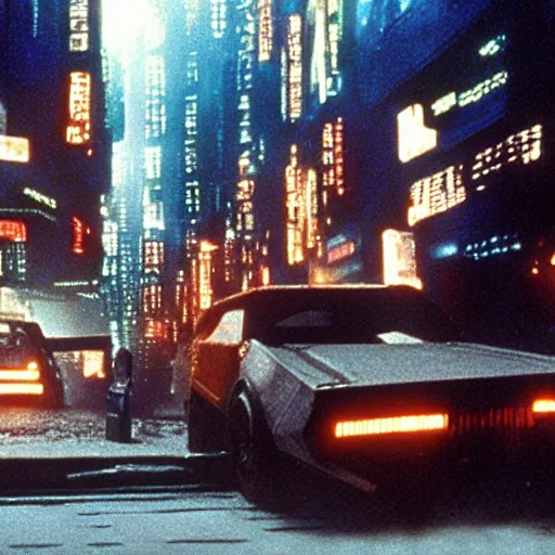 Prompt: from movie bladerunner, a scifi vehicle in a street, scene from bladerunner movie