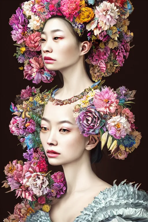 Image similar to a beautiful portrait of a singular empress, with a brilliant, impossible striking big flower headpiece, clothes entirely made out of flowers, symmetrical, dramatic studio lighting, rococo, baroque, jewels, asian, hyperrealism, closeup, D&D, fantasy, intricate, elegant, highly detailed, digital painting, artstation, octane render, 8k, concept art, matte, sharp focus, illustration, art by Artgerm and Greg Rutkowski and Alphonse Mucha