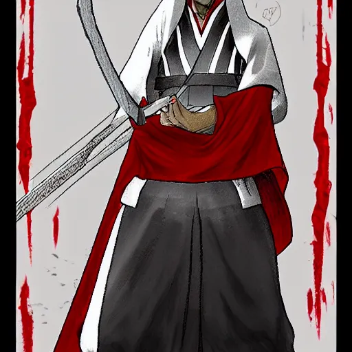 Prompt: samarai cloaked in white with swords, standing in light beam of a dark cave, ruby red sorrow, high quality, ultra detail