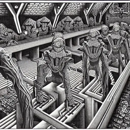 Prompt: dmt, machine elves, M C Escher, highly detailed