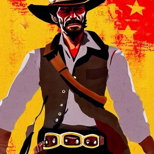 Image similar to a cowboy in the style of red dead redemption, lucky luke, the good, the bad and the ugly, clint eastwood, steven seagal, donald trump, glory days, patriotism