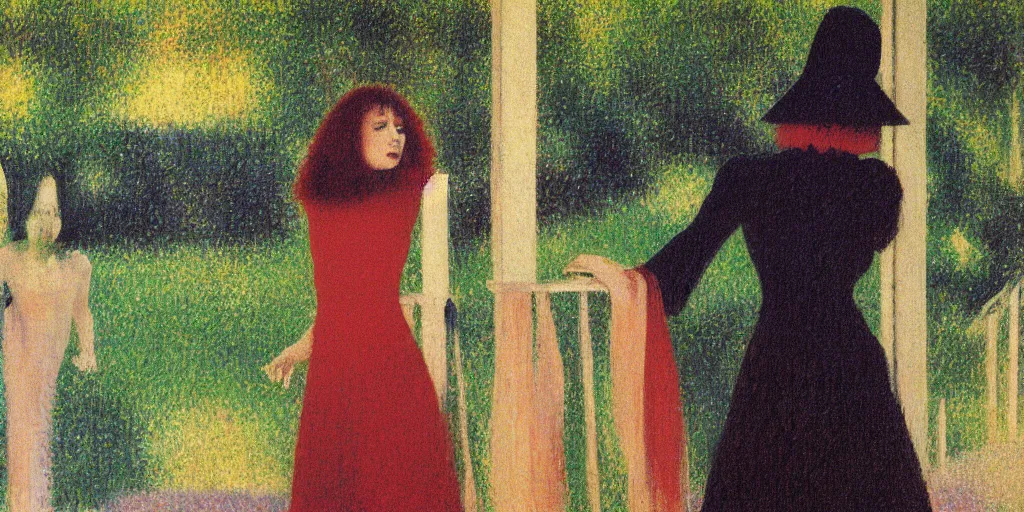 Image similar to a film still of suspiria by dario argento 1 9 7 7 movie, painted by georges seurat, by manet, impressionism, pointillism, high quality, detailed, print!, poster,