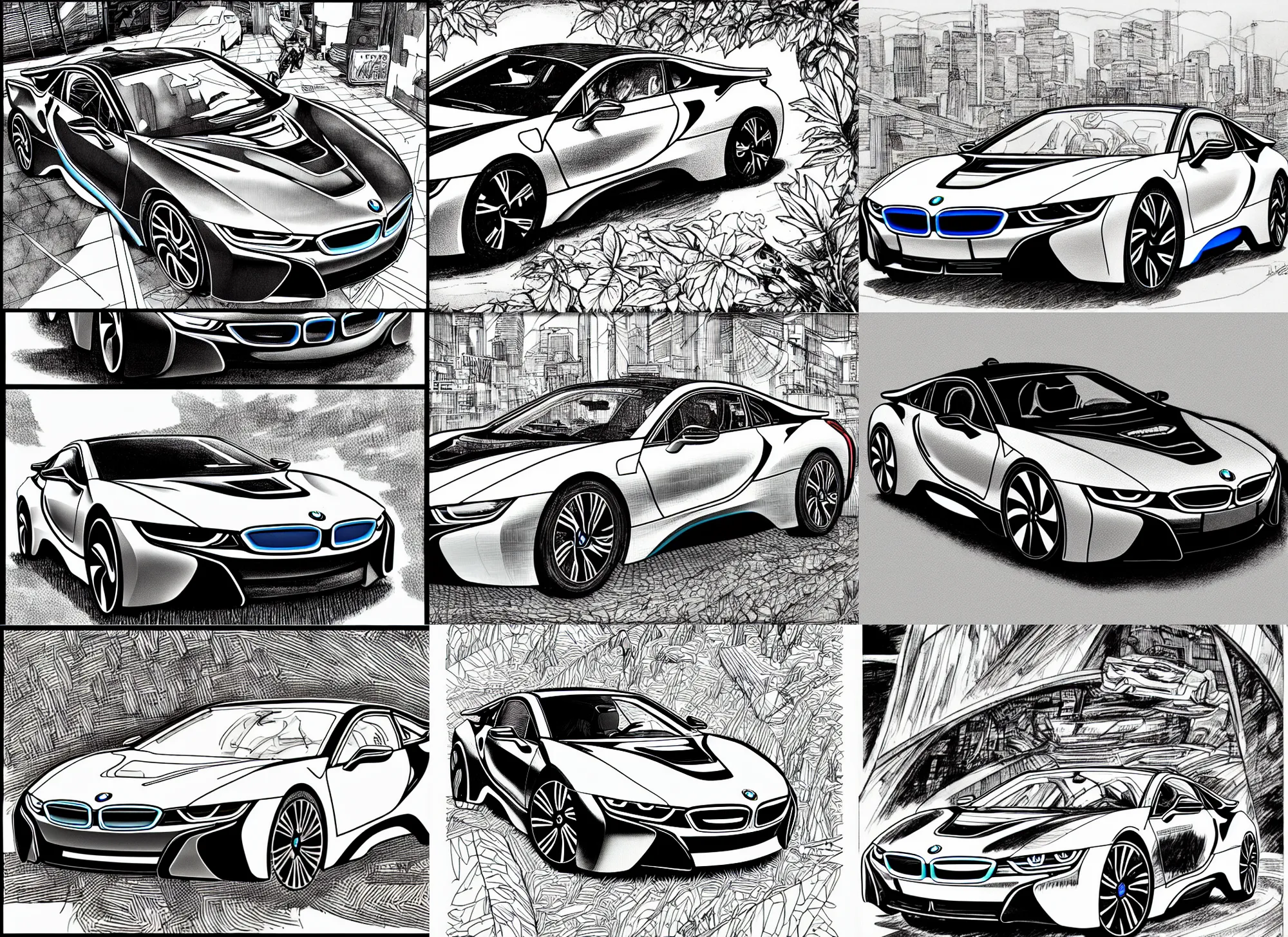 Prompt: bmw i 8, landscape, cyberpunk 2 0 2 0 manual, by steampoweredmikej, inktober, ink drawing, black and white, coloring pages, manga, highly detailed