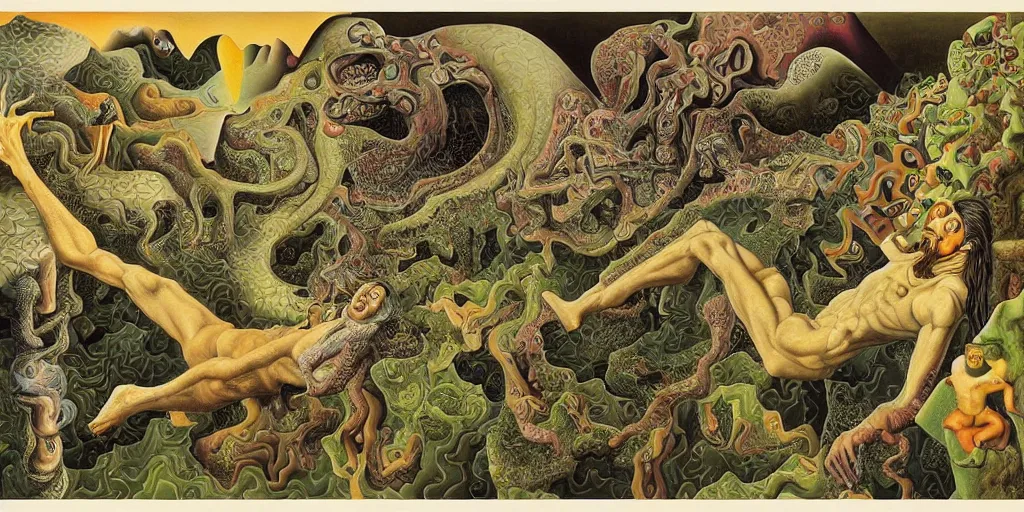 Prompt: basilisk, pain, pleasure, suffering, adventure, love, abstract oil painting by mc escher and salvador dali and raqib shaw