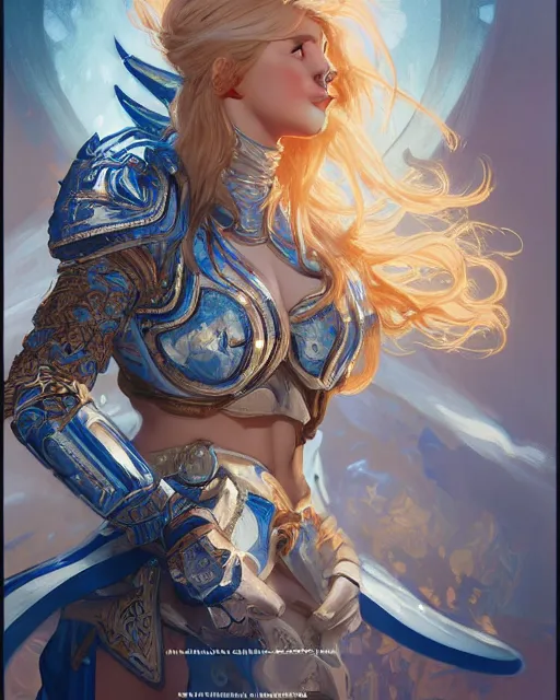 Image similar to movie poster of young blonde girl in blue and white armor, high fantasy, intricate detail, digital painting, artstation, concept art, smooth, sharp focus, illustration, art by Fernanda Suarez and Artem Demura and alphonse mucha