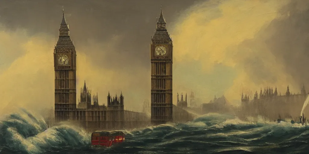 Prompt: a large tsunami hits the London, Big Ben is collapsing, oil on canvas, trending on Artstation, cinematic