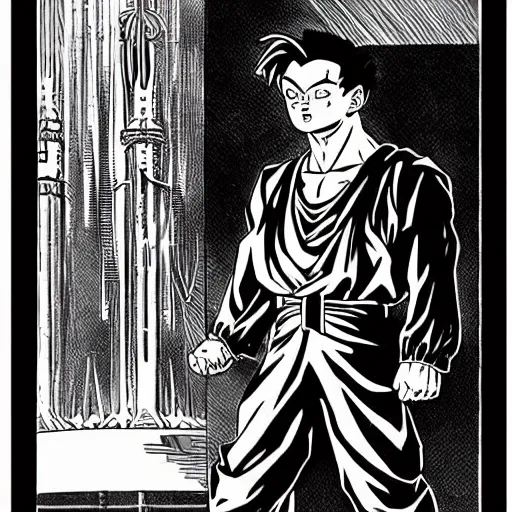 Prompt: franklin booth illustration of elon musk from dragon ball z