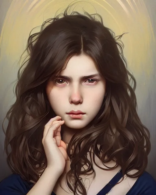 Image similar to symmetry!! portrait of 1 5 - year - old girl with voluminous bushy brown hair, large front teeth, and bright piercing brown eyes, highly detailed, digital painting, artstation, concept art, smooth, sharp focus, illustration, art by artgerm and greg rutkowski and alphonse mucha