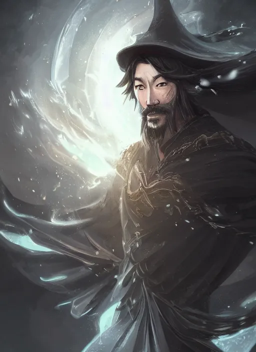 Image similar to a highly detailed illustration of Hiroyuki Sanada as wizard wearing black robe and mage hat, elegant magic floating pose, intricate, elegant, highly detailed, centered, digital painting, artstation, concept art, smooth, sharp focus, league of legends concept art, WLOP