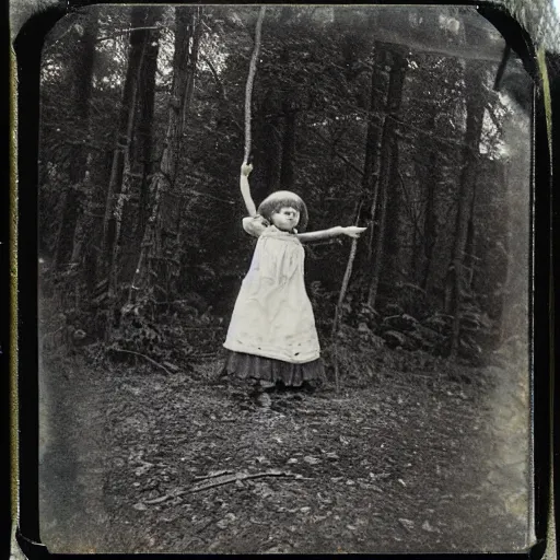 Image similar to Polaroid photo of Victorian child floating up in the air, in the clearing of a forest